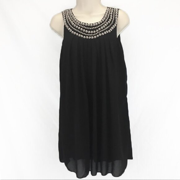 Moonair Tops - Sleeveless Lined Black Chiffon Top with Silver Metal Studded Neckline Moonair